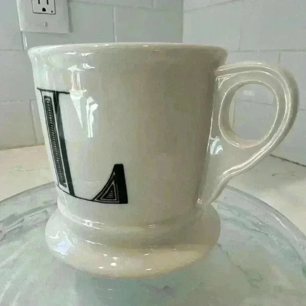 Anthropologie Letter L Initial Coffee Mug White Black Retro Shaving Cup Monogram
